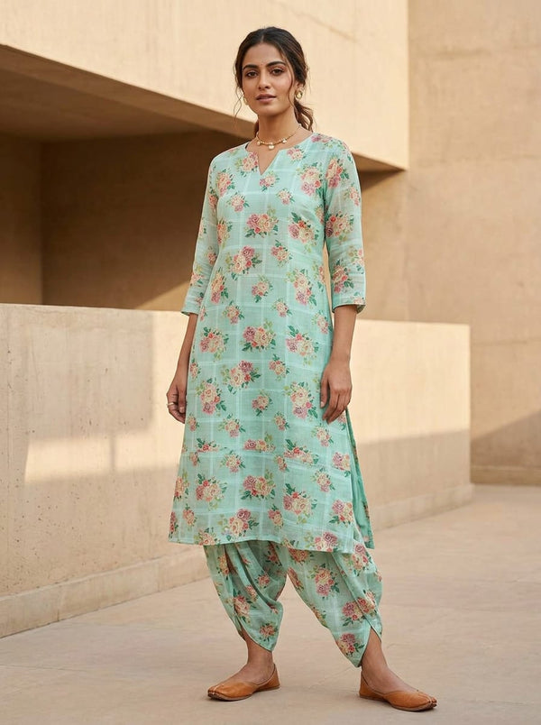 Green Vintage Rose Floral Checkered Linen Digital Printed Fabric - Dhoti Pants with Kurta Lookbook - POLI-CH-MA028053-110 - alternate view