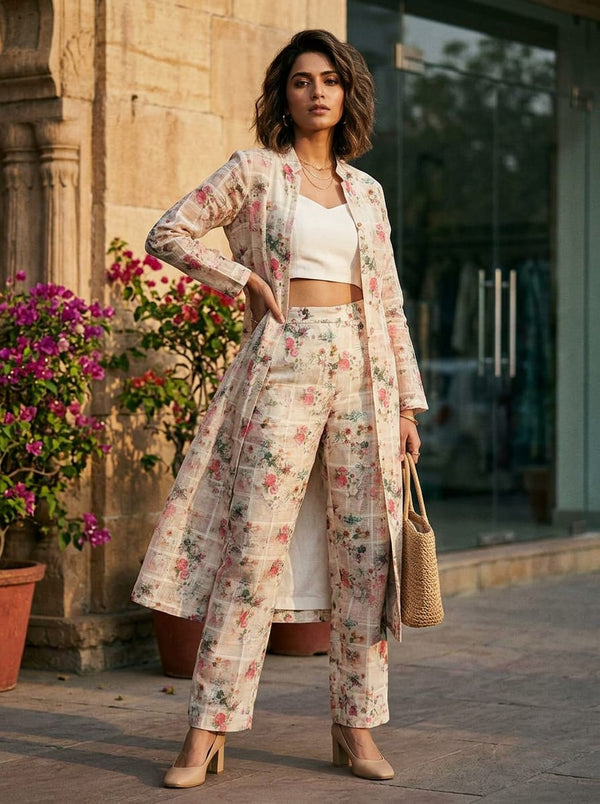 Multicolor Watercolor Floral on Checkered Pattern Linen Digital Printed Fabric - Jacket Kurta with Straight Pants Lookbook - POLI-CH-MA028067-110 - alternate view