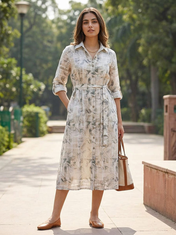 Grey Abstract Botanical Leaf Print Linen Digital Printed Fabric - Shirt Dress Lookbook - POLI-CH-MA028089-110 - alternate view