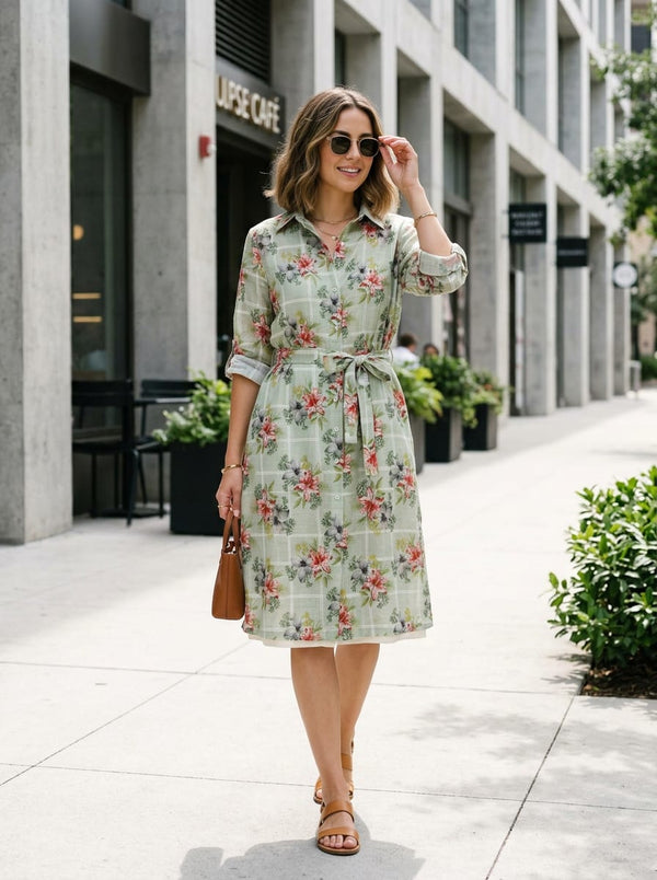 Green Vintage Lily Floral Check Linen Digital Printed Fabric - Shirt Dress Lookbook - POLI-CH-PA11068-110 - alternate view