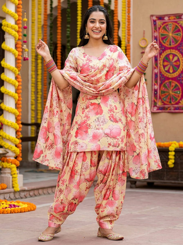 Cream Painterly Pink Floral Linen Satin Digital Printed Fabric - Patiala Salwar Set Lookbook - POLI-SA-AA333-110 - alternate view