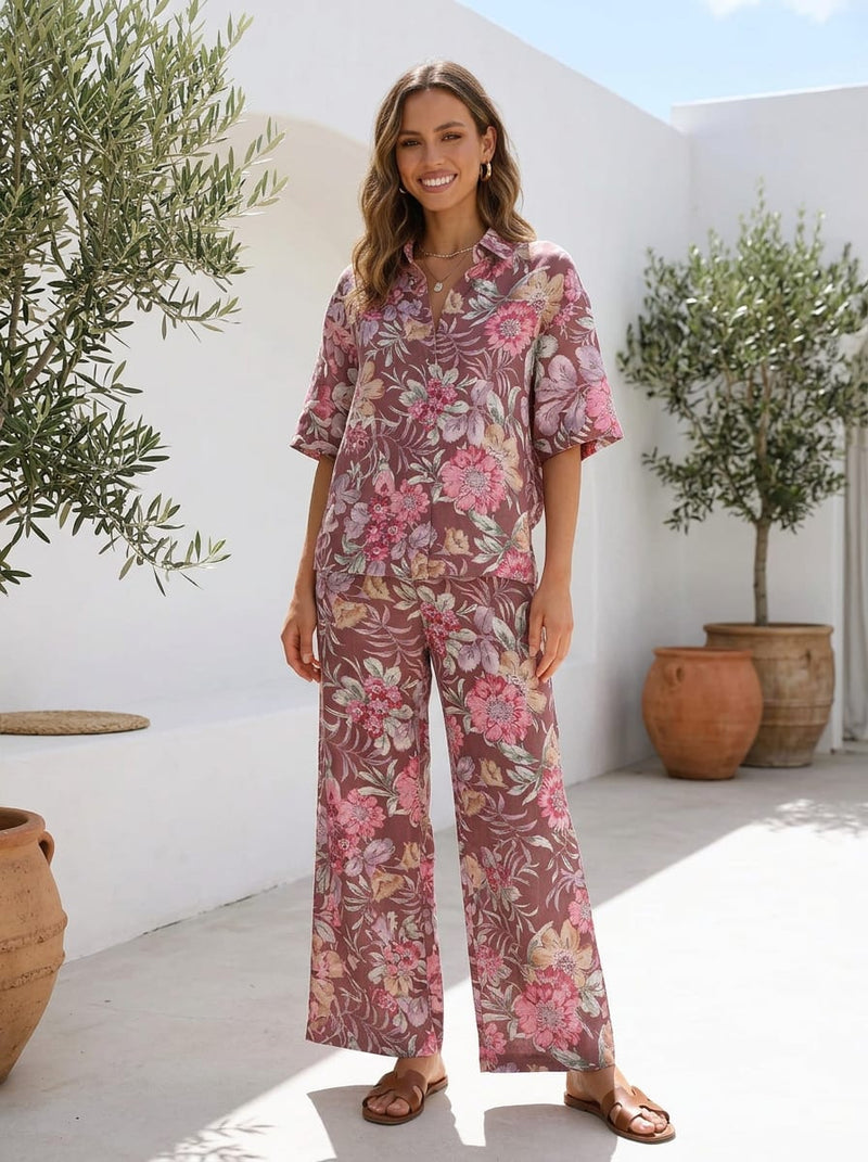 Maroon Vintage Floral Garden Linen Satin Digital Printed Fabric