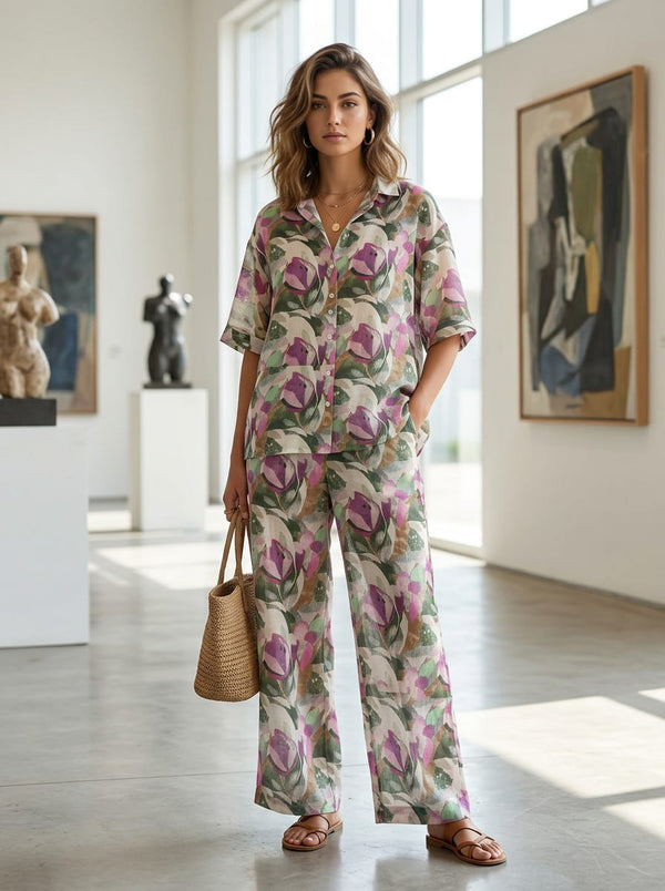 Multicolor Abstract Floral Brushstroke Linen Satin Digital Printed Fabric - Co-ord Set with Wide Leg Pants Lookbook - POLI-SA-AA691-110 - alternate view