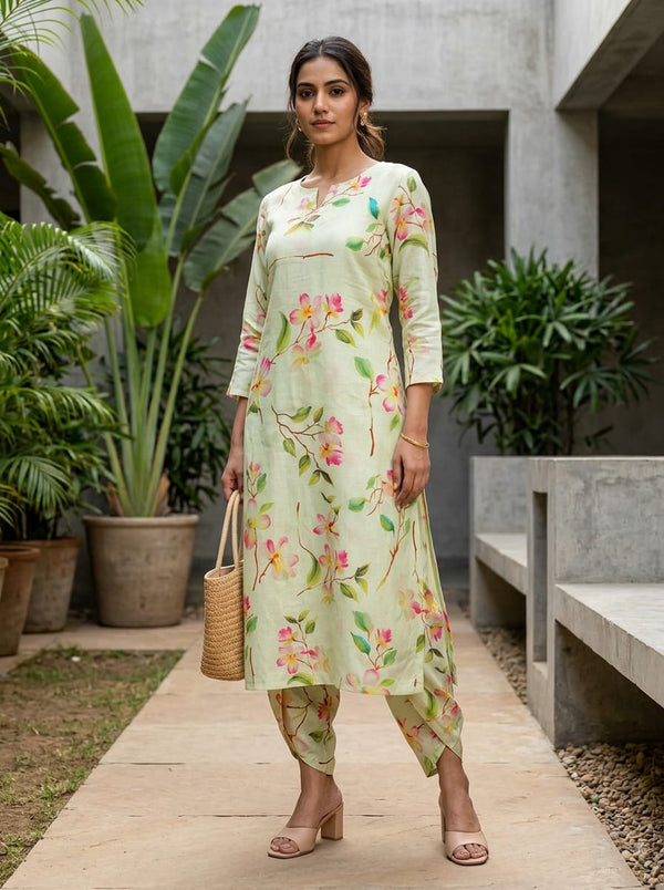 Green Painterly Floral Blossom Linen Satin Digital Printed Fabric - Dhoti Pants with Kurta Lookbook - POLI-SA-AA840-110 - alternate view