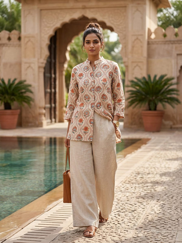 Peach Ethnic Floral Damask Linen Satin Digital Printed Fabric - Co-ord Set with Wide Leg Pants Lookbook - POLI-SA-AA846-110 - alternate view