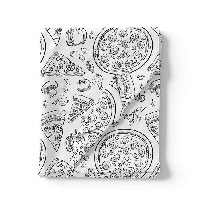 White Muslin Digital Printed Fabric With Quirky Pizza Prints For Kids