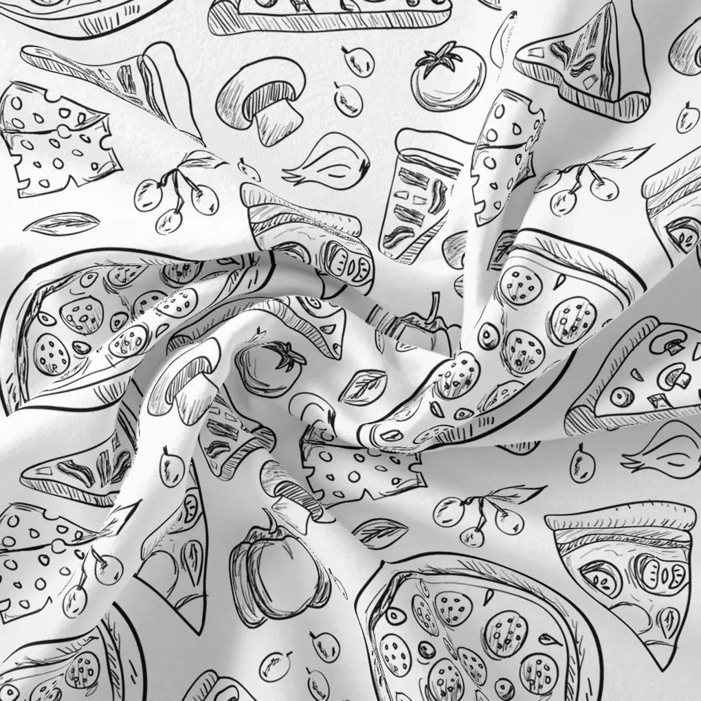 White Muslin Digital Printed Fabric With Quirky Pizza Prints For Kids – pizza3