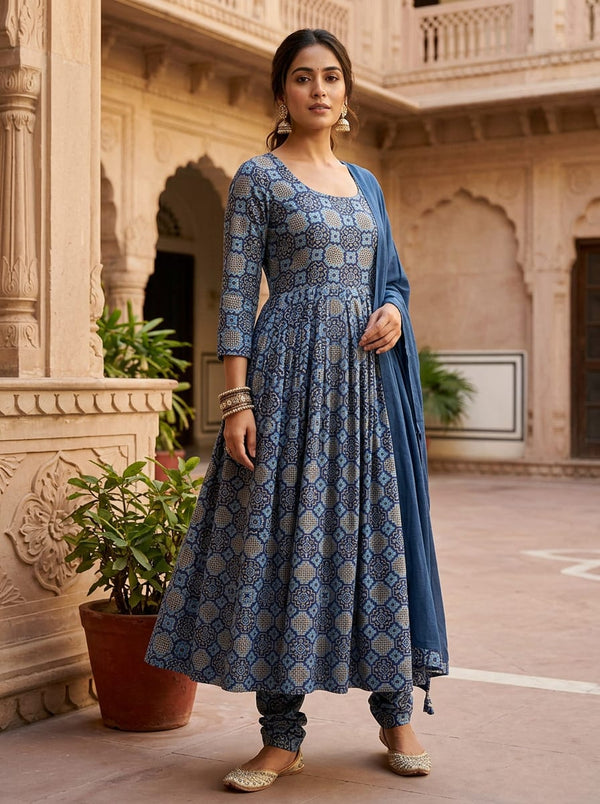 Blue Ethnic Geometric Tile Pattern Rayon Digital Printed Fabric - Anarkali Kurta Set Lookbook - RA-0-MA04234-114 - alternate view