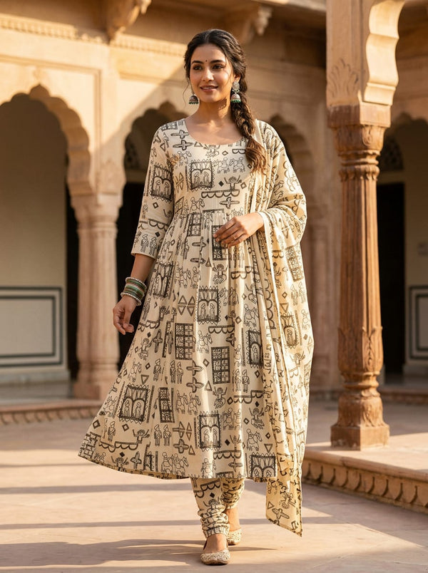 Cream Ethnic Folk Art Motifs Rayon Digital Printed Fabric - Anarkali Kurta Set Lookbook - RA-0-TA01268-114 - alternate view
