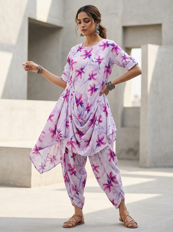 Cream and Pink Watercolour Floral Bloom Rayon Digital Printed Fabric - Asymmetric Tunic with Dhoti Pants Lookbook - RA-0-TA05587-114 - alternate view