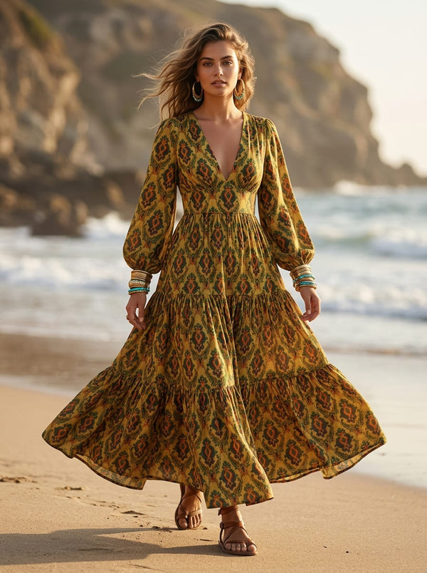 Multicolor Ethnic Paisley Damask Pattern Rayon Digital Printed Fabric - Flowy Maxi Dress Lookbook - RA-0-TA05888-114 - alternate view