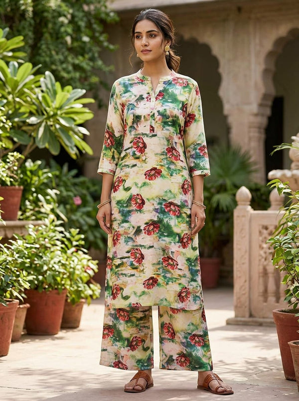 Multicolor Abstract Watercolor Floral Rayon Digital Printed Fabric - Straight Kurta with Palazzo Lookbook - RA-0-TA0702-114 - alternate view