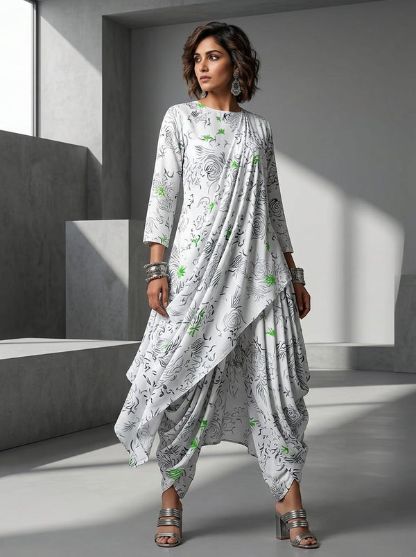 White Abstract Stylized Rose Sketch Rayon Digital Printed Fabric - Asymmetric Tunic with Dhoti Pants Lookbook - RA-0-TA08171-114 - alternate view