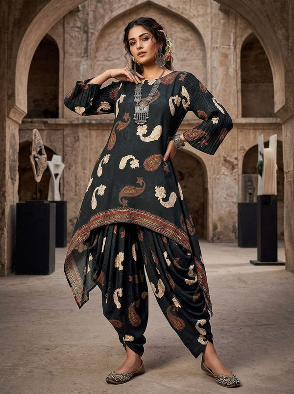 Black Ethnic Paisley Motif Rayon Digital Printed Fabric - Asymmetric Tunic with Dhoti Pants Lookbook - RA-0-TA0859-114 - alternate view