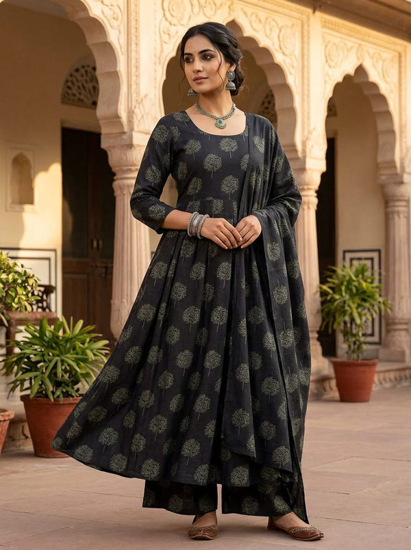 Black Stylized Botanical Tree Print Rayon Digital Printed Fabric - Anarkali Kurta Set Lookbook - RA-0-TA1229-114 - alternate view