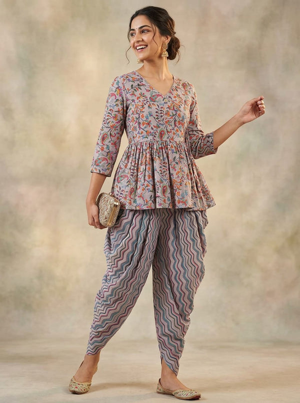 Multicolor Small Floral & Paisley Jaal & Wavy Chevron Stripes Muslin Digital Printed Fabric Set - Peplum Top with Dhoti Pants Lookbook - SET-0-FVS2023075-101 - alternate view