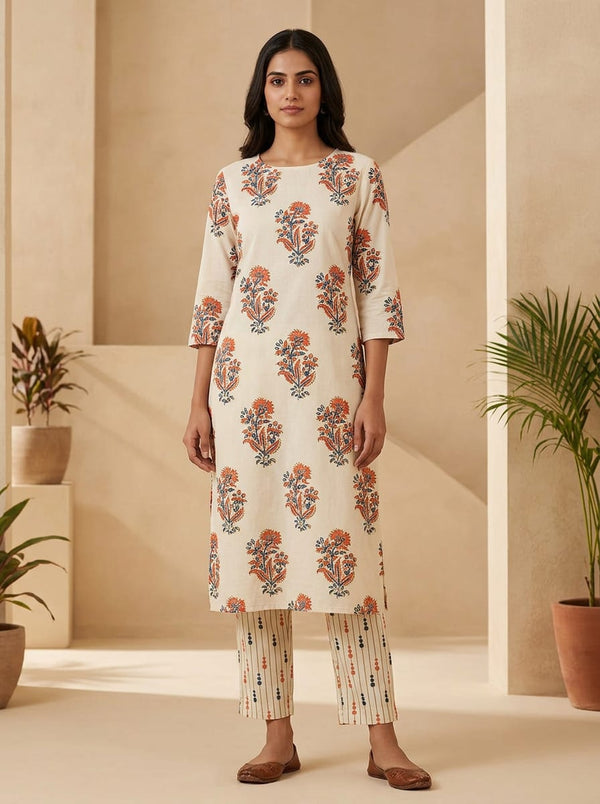 Cream Ethnic Floral Buta Print & Stripes with Dotted Droplets Cotton Digital Printed Fabric Set - Straight Kurta with Trousers Lookbook - SET-0-FVS2023078-101 - alternate view
