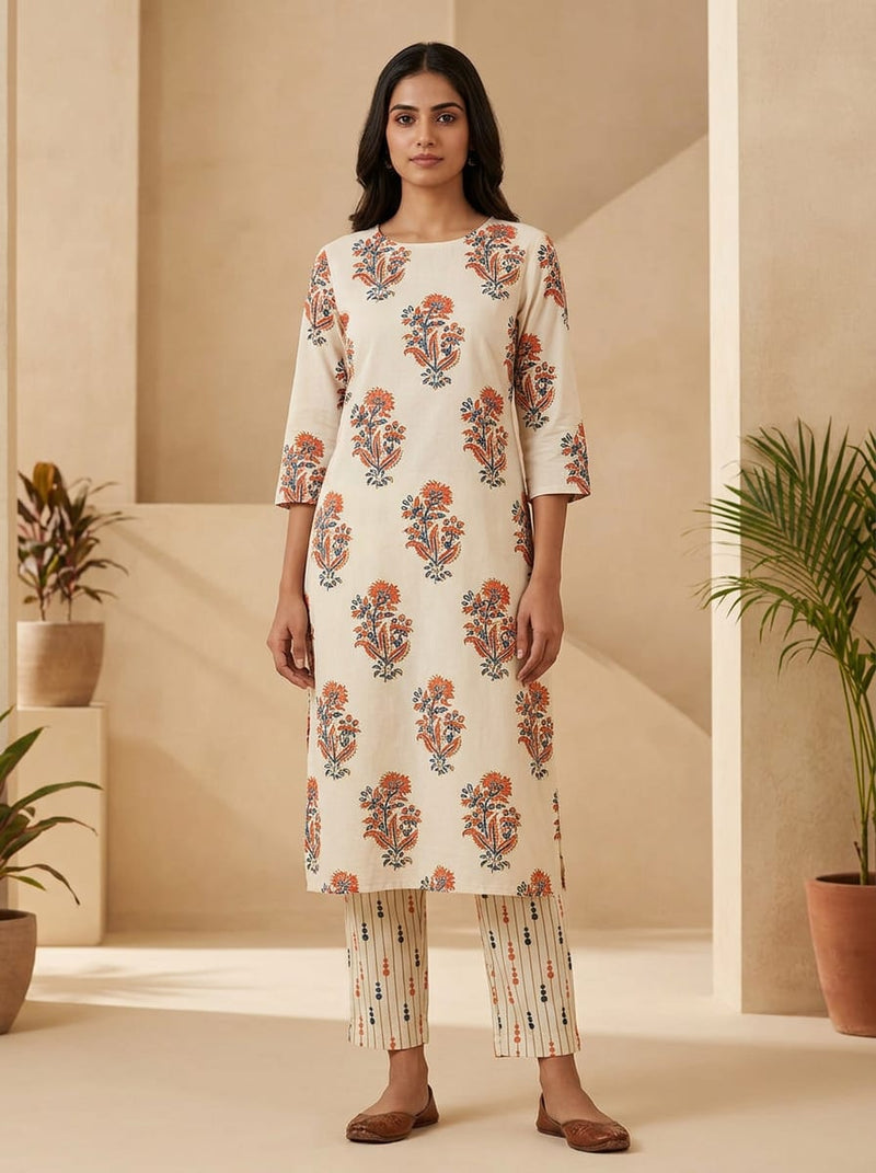 Cream Ethnic Floral Buta Print & Stripes with Dotted Droplets Cotton Digital Printed Fabric Set