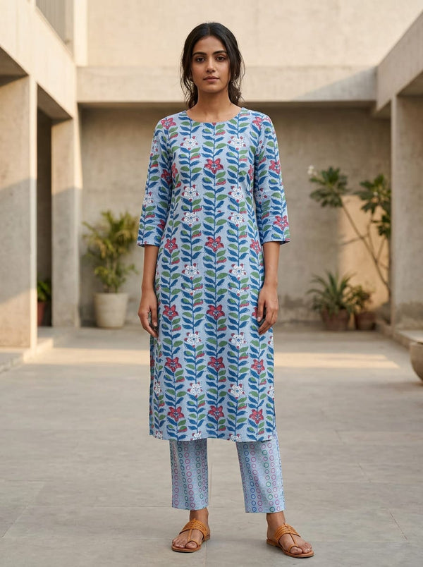 Blue Stylized floral vine print & Multicolor Colorful circle stripes Cotton Digital Printed Fabric Set - Straight Kurta with Trousers Lookbook - SET-0-FVS2023105-101 - alternate view
