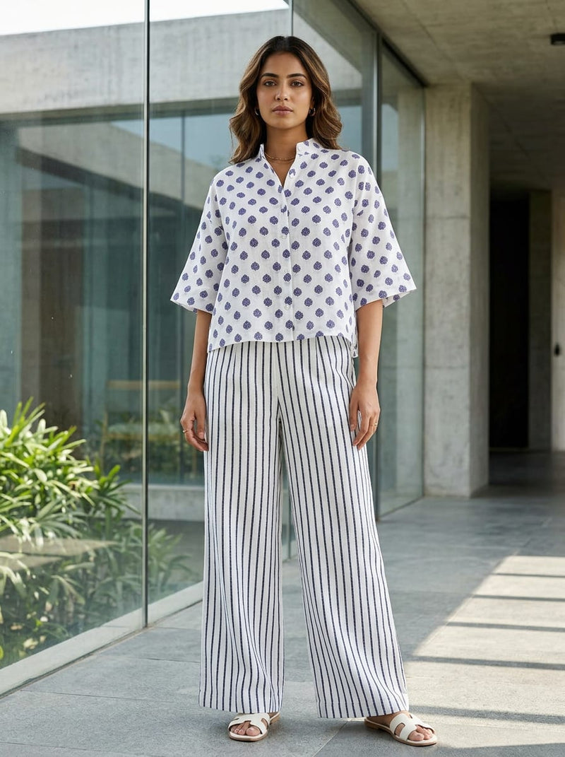 Blue Stylized Floral Buti & Navy Dotted Stripe Pattern Linen Digital Printed Fabric Set