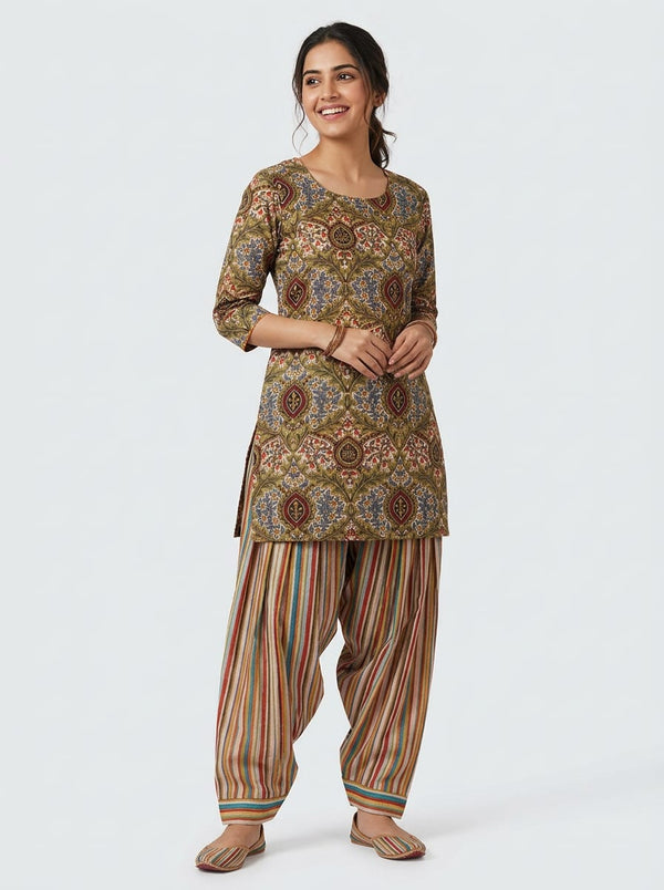 Multicolor Paisley Damask & Stripe Cotton Digital Printed Fabric Set - Short Kurti with Salwar Lookbook - SET-0-FVS202327-101 - alternate view