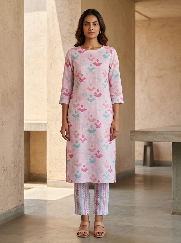 Pink Abstract Ikat Motifs & Blue Geometric Striped Pattern Linen Digital Printed Fabric Set - Straight Kurta with Trousers Lookbook - SET-0-FVS202340-101 - alternate view