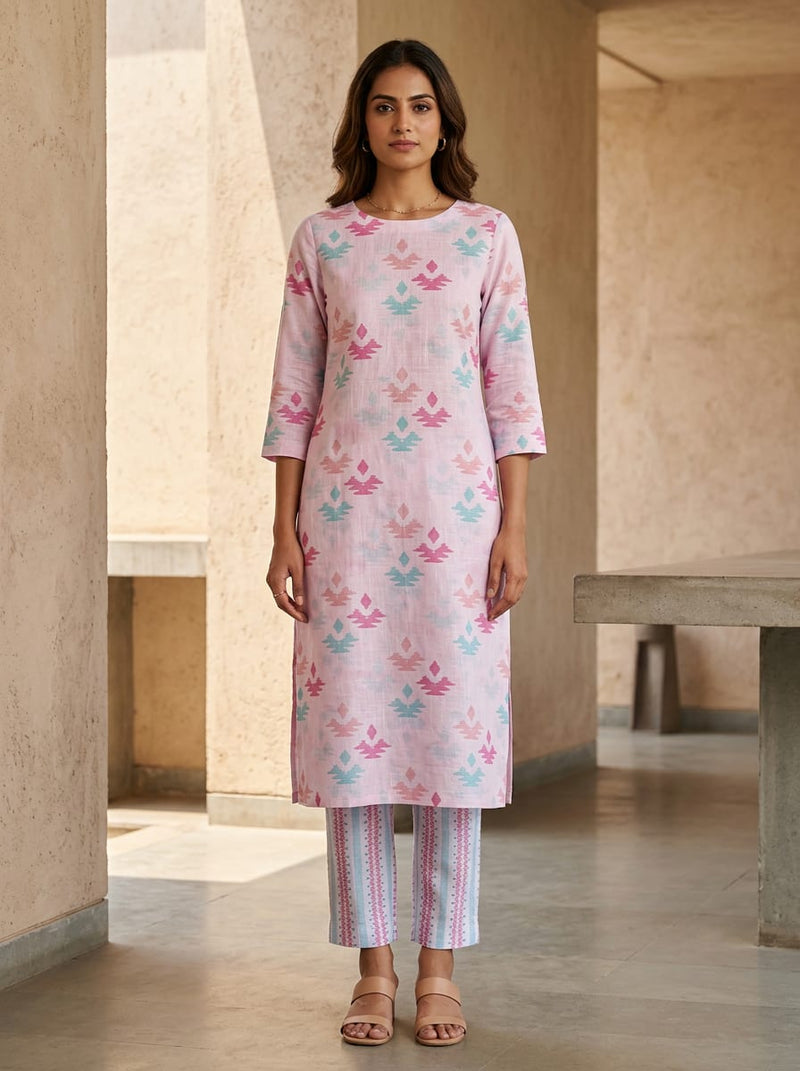Pink Abstract Ikat Motifs & Blue Geometric Striped Pattern Linen Digital Printed Fabric Set