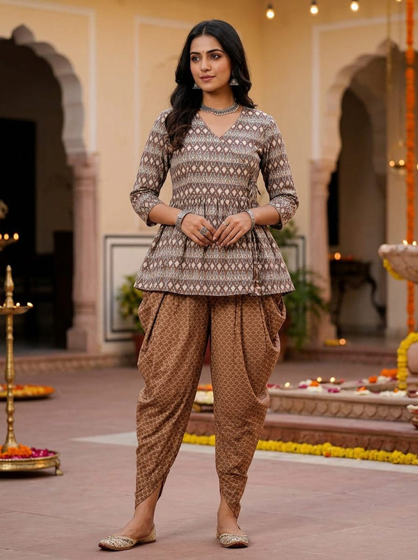 Multicolor Ikat Diamond & Brown Geometric Quatrefoil Cotton Digital Printed Fabric Set - Peplum Top with Dhoti Pants Lookbook - SET-0-FVS202342-101 - alternate view