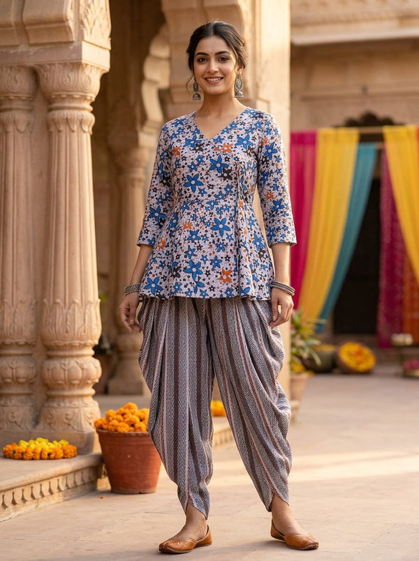 Multicolor Abstract Floral & Herringbone Stripe Linen Digital Printed Fabric Set - Peplum Top with Dhoti Pants Lookbook - SET-0-FVS202349-101 - alternate view