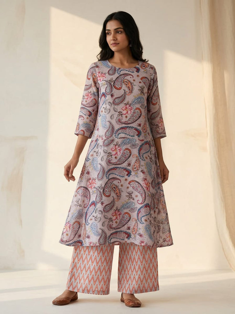 Multicolor Paisley and Floral Print & Red & Blue Chevron Pattern Linen Digital Printed Fabric Set