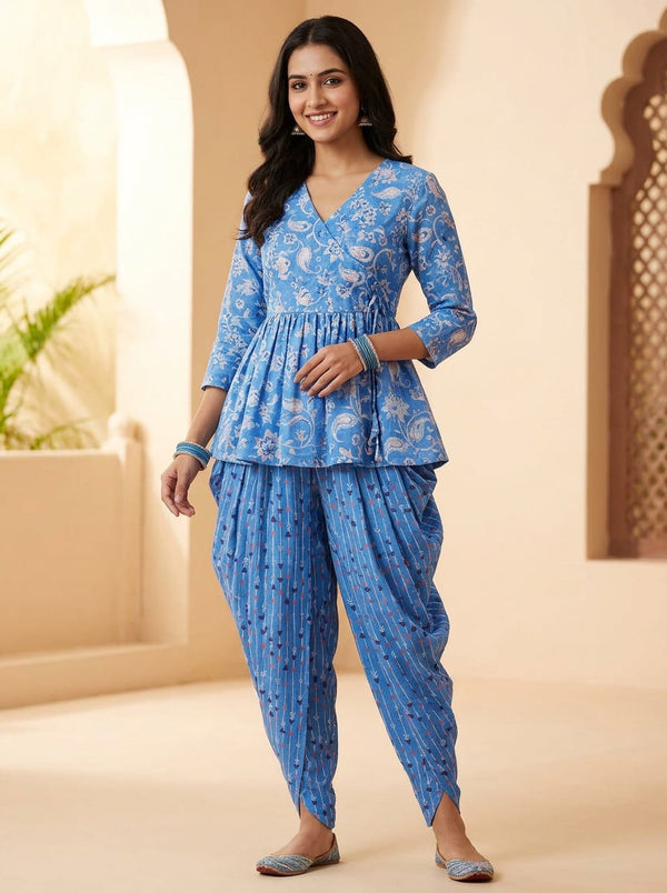 Blue Paisley Floral Damask & Geometric Arrow Print Linen Digital Printed Fabric Set - Peplum Top with Dhoti Pants Lookbook - SET-0-FVS202355-101 - alternate view