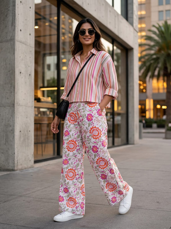 Multicolor Ethnic Floral Jaal Print & Thin Stripe Pattern Cotton Digital Printed Fabric Set - Co-ord Set with Wide Leg Pants Lookbook - SET-0-FVS202370-101 - alternate view