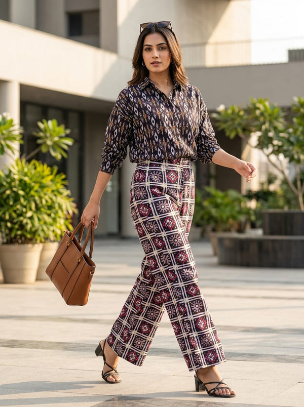 Black Bandhani Style Floral Grid & Black Ikat Diamond Stripe Pattern Cotton Digital Printed Fabric Set - Co-ord Set with Wide Leg Pants Lookbook - SET-0-FVS202381-101 - alternate view