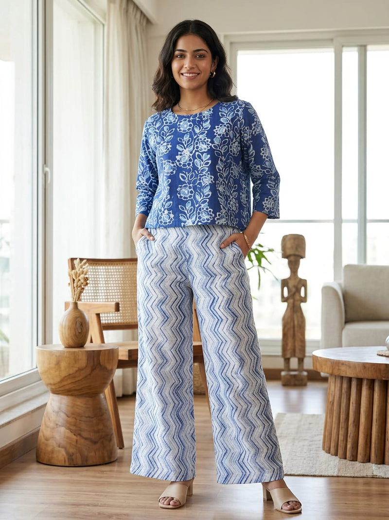 Navy Jaal Floral Block Print & White Watercolor Chevron Zig-Zag Cotton Digital Printed Fabric Set