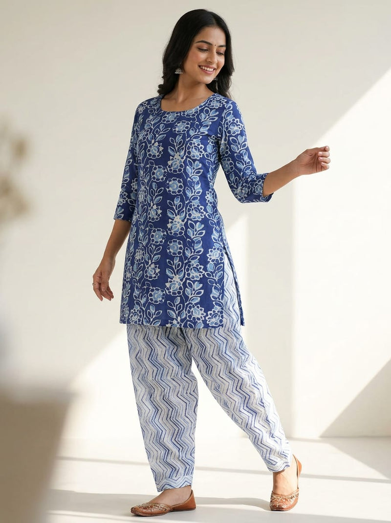 Navy Jaal Floral Block Print & White Watercolor Chevron Zig-Zag Cotton Digital Printed Fabric Set