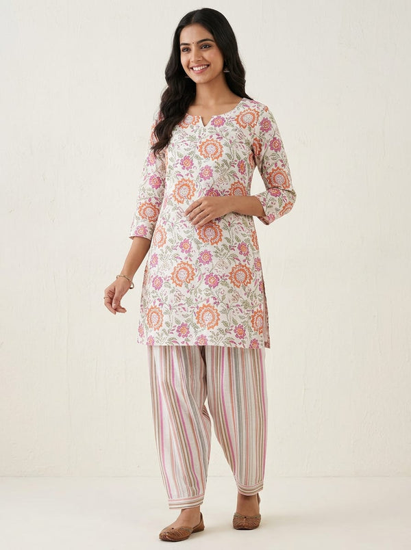Multicolor Ethnic Floral Jaal & Multicolor Vertical Stripes Linen Digital Printed Fabric Set - Short Kurti with Salwar Lookbook - SET-0-FVS202396-101 - alternate view