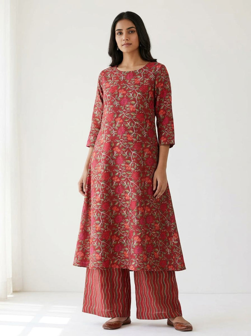 Red Floral Vine Jaal & Red Wavy Stripe Pattern Linen Digital Printed Fabric Set