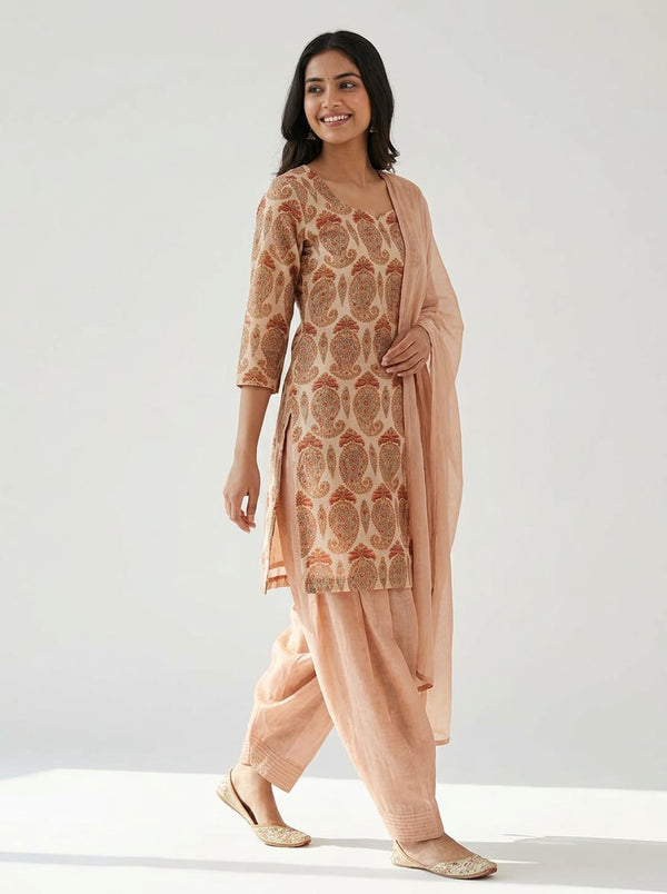 Multicolor Classic Paisley Pattern & Peach Subtle Textured Pattern Chanderi Digital Printed Fabric Set - Short Kurti with Salwar Lookbook - SET-0-FVS20241436-101 - alternate view