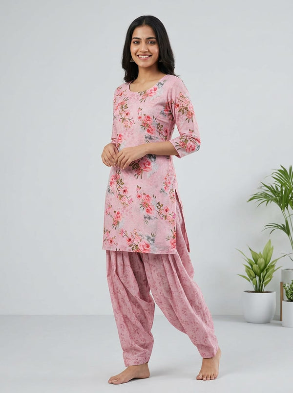 Pink Painterly Rose Bouquets & Pink Tonal Leaf Jaal Chanderi Digital Printed Fabric Set - Short Kurti with Salwar Lookbook - SET-0-FVS20241440-101 - alternate view