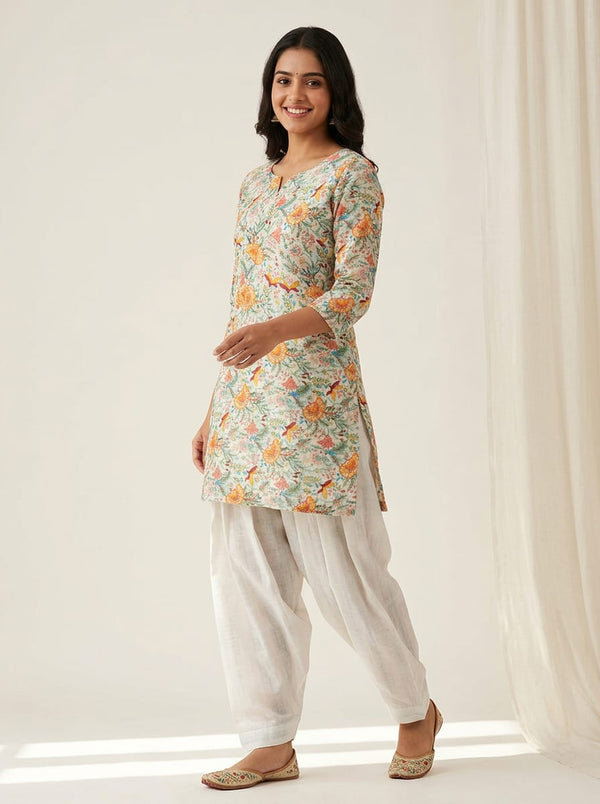 Multicolor Floral & Bird Print & White Abstract Texture Chanderi Digital Printed Fabric Set - Short Kurti with Salwar Lookbook - SET-0-FVS20241455-101 - alternate view