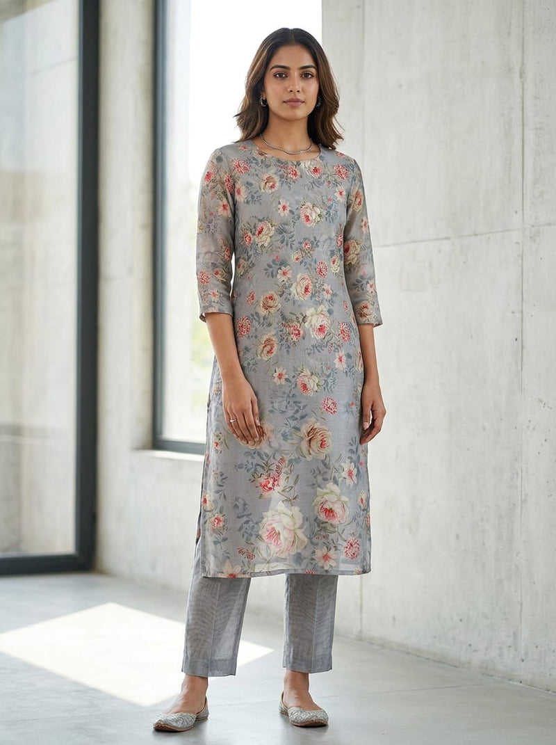Grey Vintage English Roses & Grey Faint Leafy Texture Chanderi Digital Printed Fabric Set