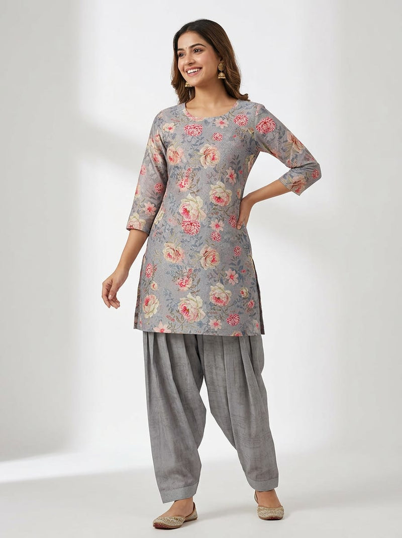 Grey Vintage English Roses & Grey Faint Leafy Texture Chanderi Digital Printed Fabric Set