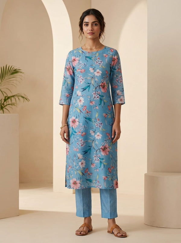 Blue Vintage Floral Garden & Blue Subtle Textured Weave Chanderi Digital Printed Fabric Set - Straight Kurta with Trousers Lookbook - SET-0-FVS20241482-101 - alternate view