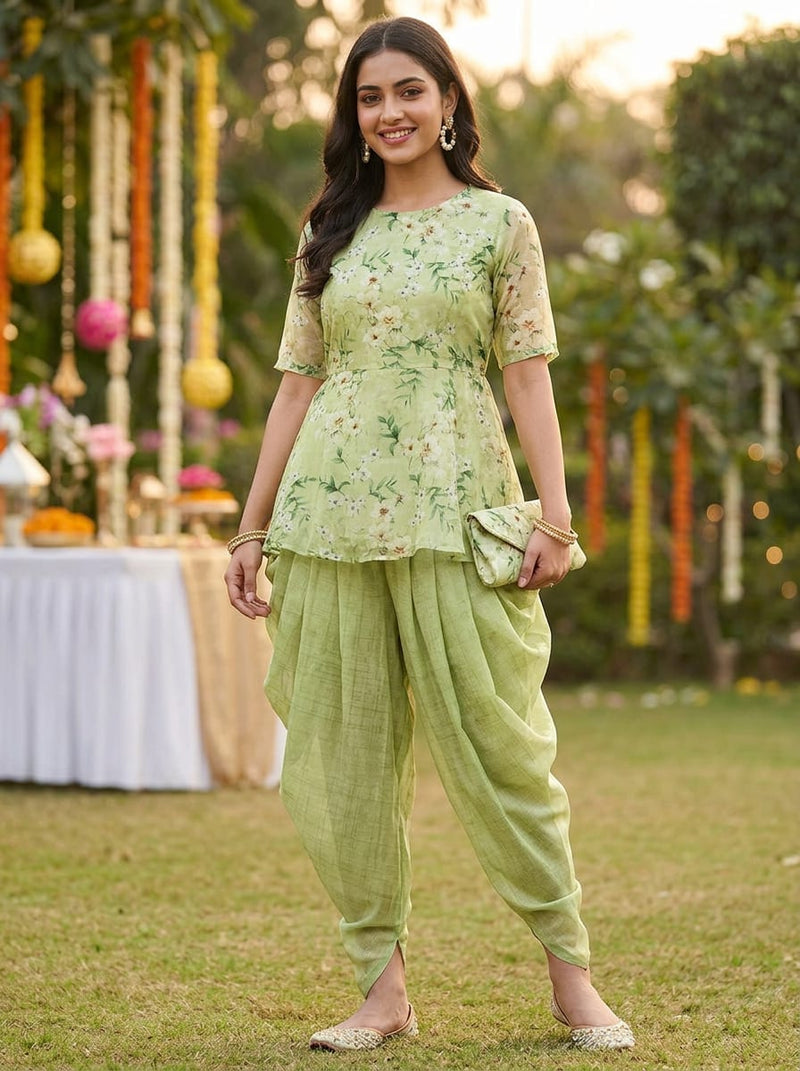 Green White & Cream Floral Bloom & Green Crosshatch Texture Chanderi Digital Printed Fabric Set