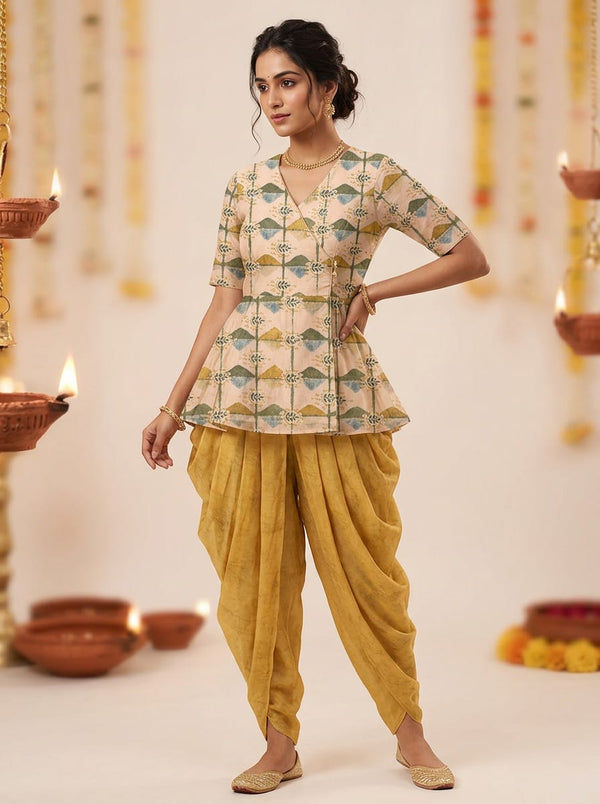Multicolor Geometric Botanical & Yellow Solid Textured Chanderi Digital Printed Fabric Set - Peplum Top with Dhoti Pants Lookbook - SET-0-FVS20241504-101 - alternate view
