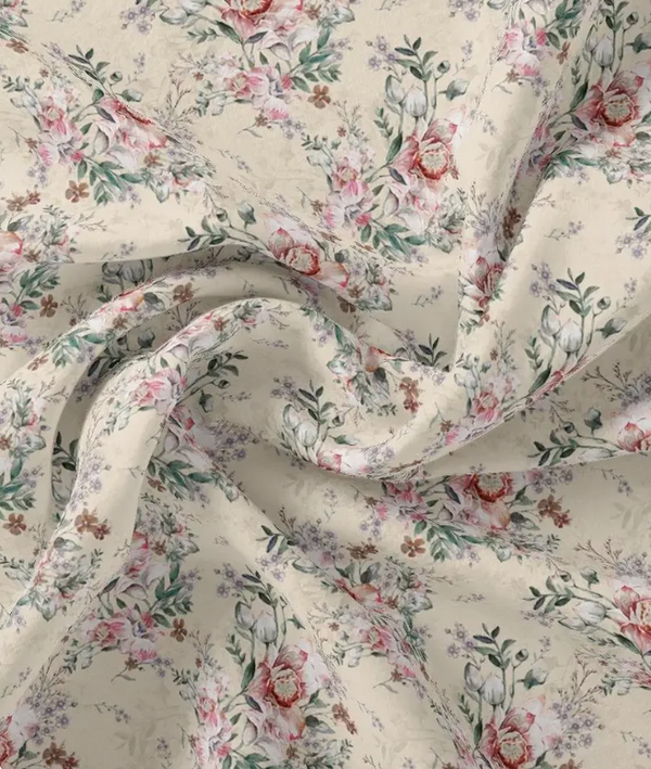 Peach Vintage English Rose Floral Tusser Silk Digital Printed Fabric