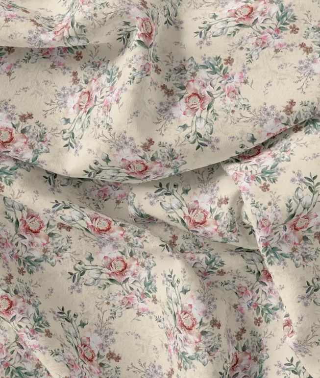 Peach Vintage English Rose Floral Tusser Silk Digital Printed Fabric