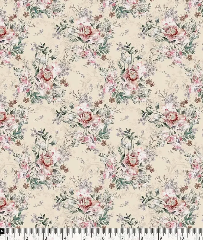 Peach Vintage English Rose Floral Tusser Silk Digital Printed Fabric