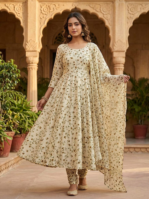Cream Small Sunflower Floral Vine Tusser Silk Digital Printed Fabric - Anarkali Kurta Set Lookbook - TS-0-MA01090-110 - alternate view