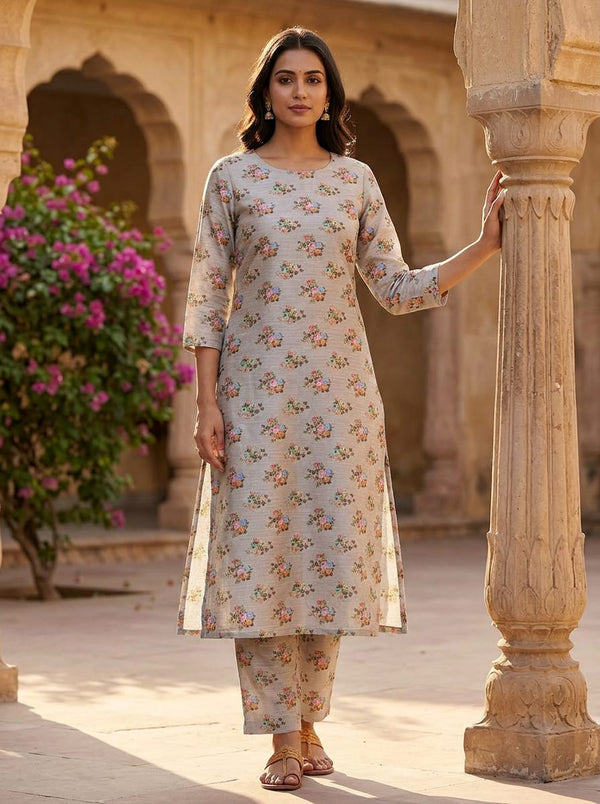 Grey Vintage Floral Bouquet Print Tusser Silk Digital Printed Fabric - A-Line Kurta with Salwar Lookbook - TS-0-MA017209-110 - alternate view